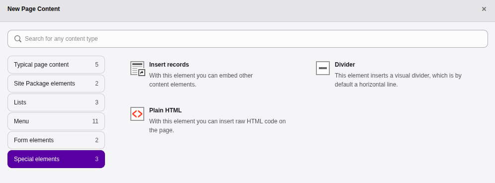 The 'Special elements' tab of the new content element window