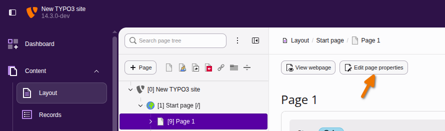 The "Edit page properties" button is located in the doc-header of the page module
