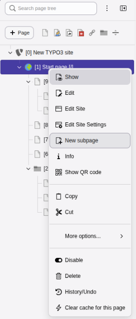 Creating pages with the context menu