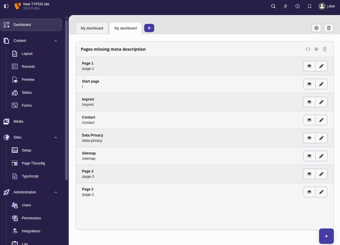 Screenshot a widget listing pages without description