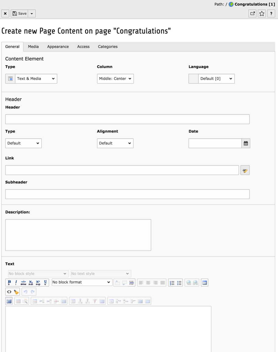 Empty input form for a Text & Media content element