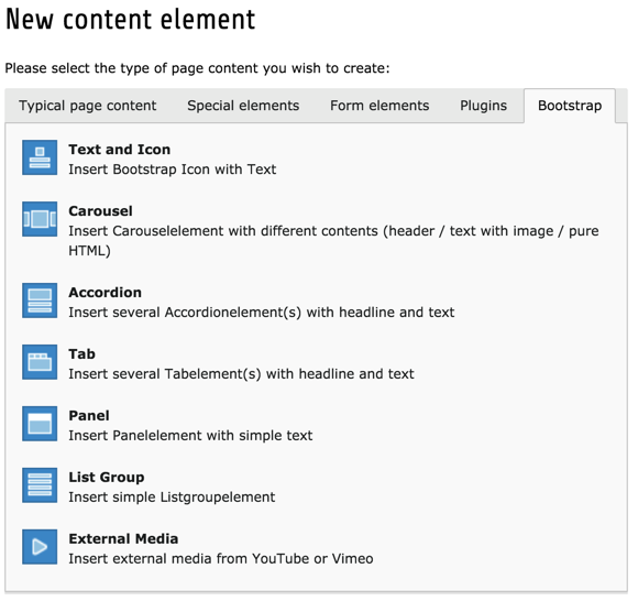 The Bootstrap tab of the new content element wizard