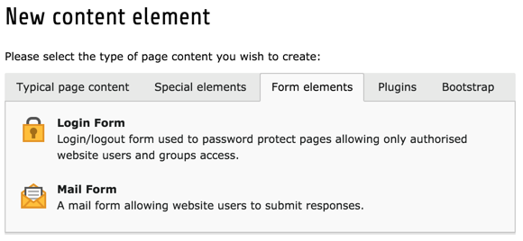 The Form Elements tab of the new content element wizard