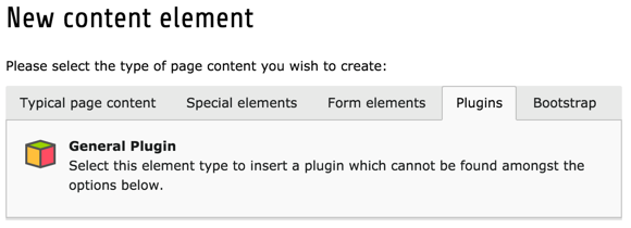 The Plugins tab of the new content element wizard