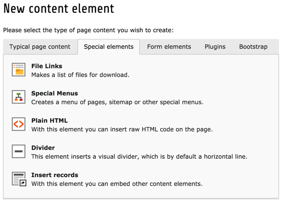 The Special Elements tab of the new content element wizard