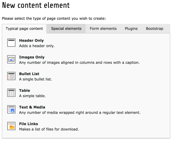 The Typical Page Content tab of the new content element wizard