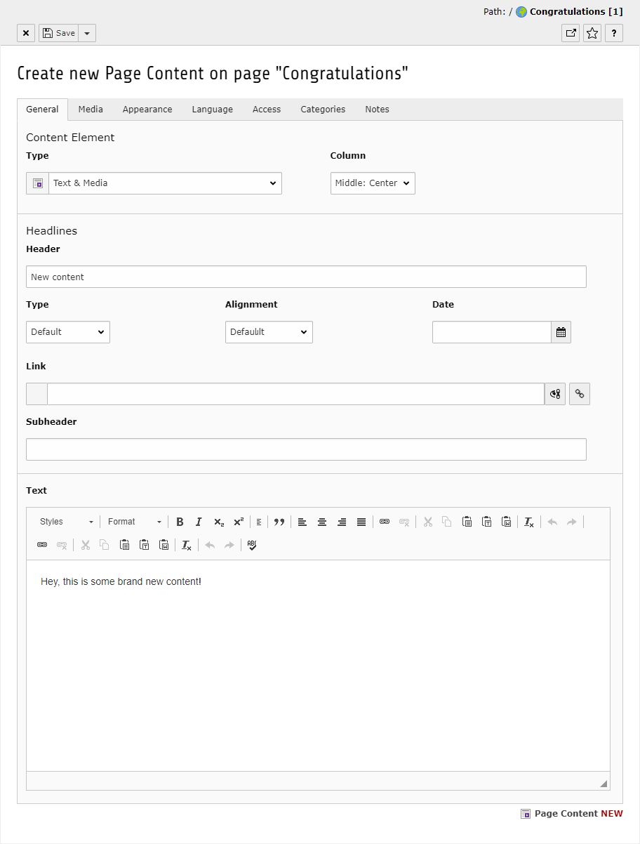 Empty input form for a Text & Media content element