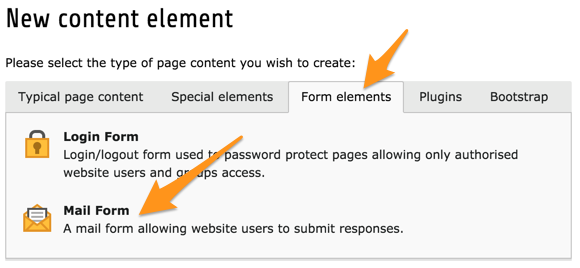 Choosing the mail form content element type