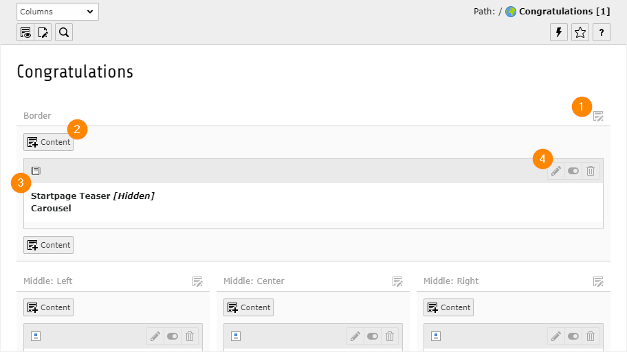 A typical view of the Page module with various content columns