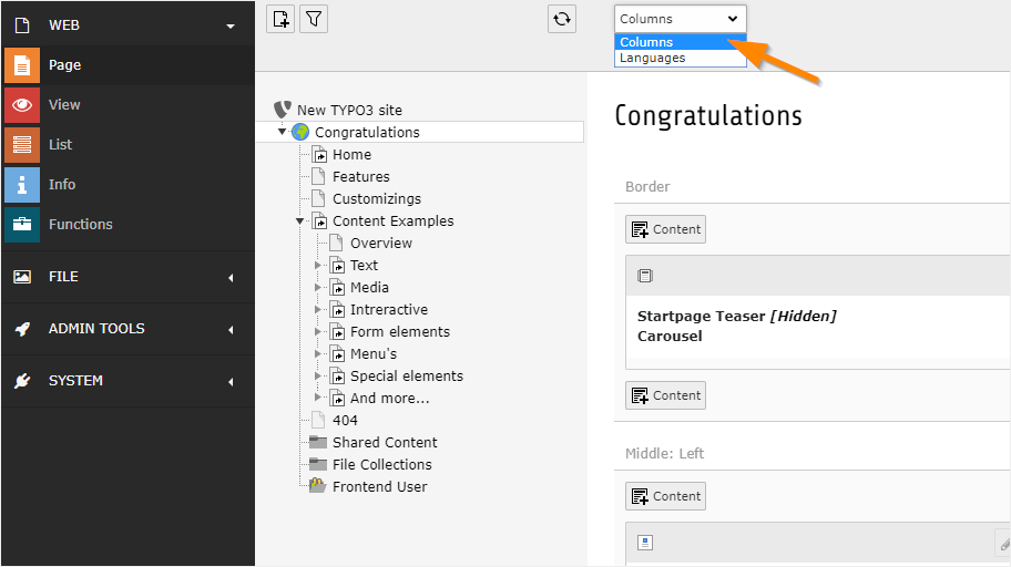 Changing mode in the Page module