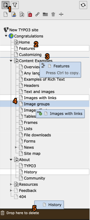 Working in the page tree with drag and drop