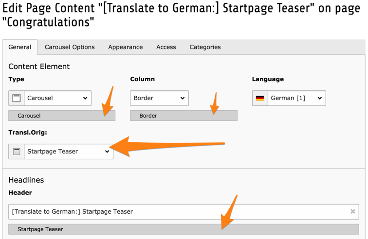 A translated content element, with reference to its original