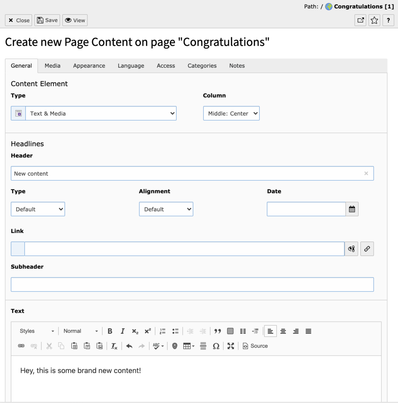 Empty input form for a Text & Media content element