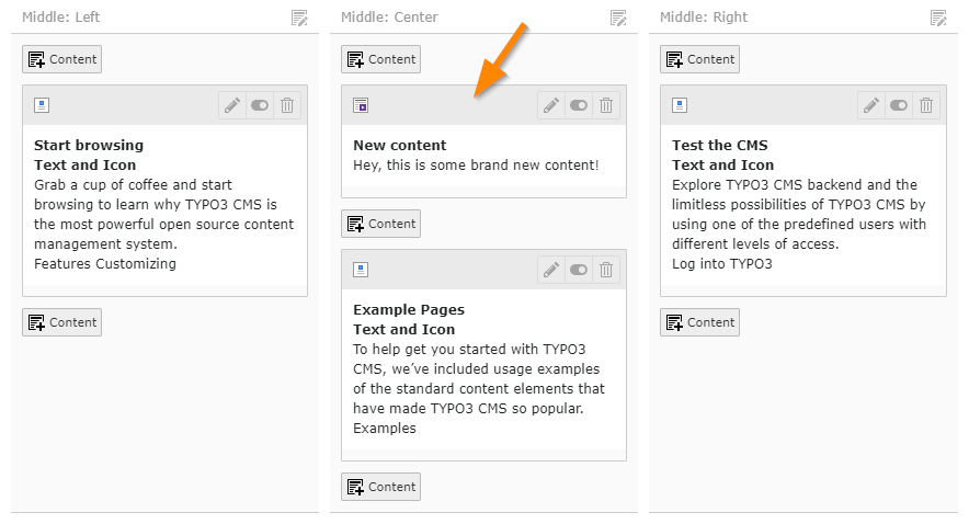 The new content element appears in the Page module