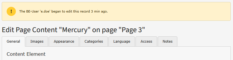Warning: The BE-User 'e.doe' began to edit this record 3 min ago.