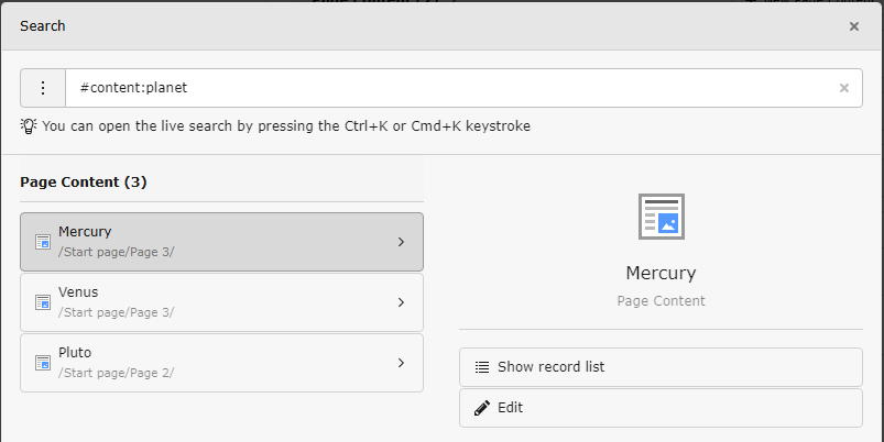 Using the live search to search for content elements