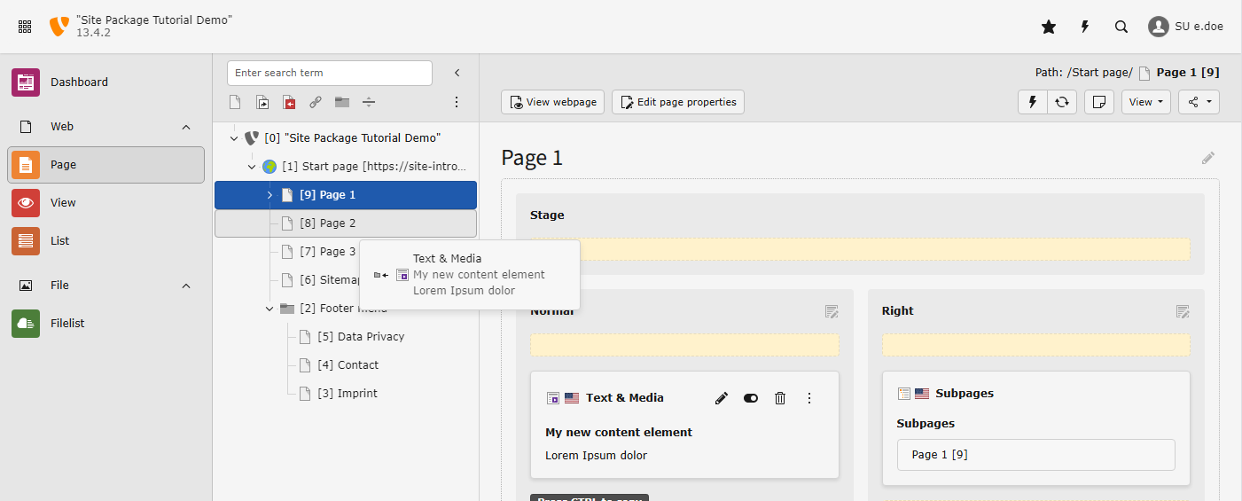 Screenshot of moving a content element via drag and drop in the TYPO3 backend