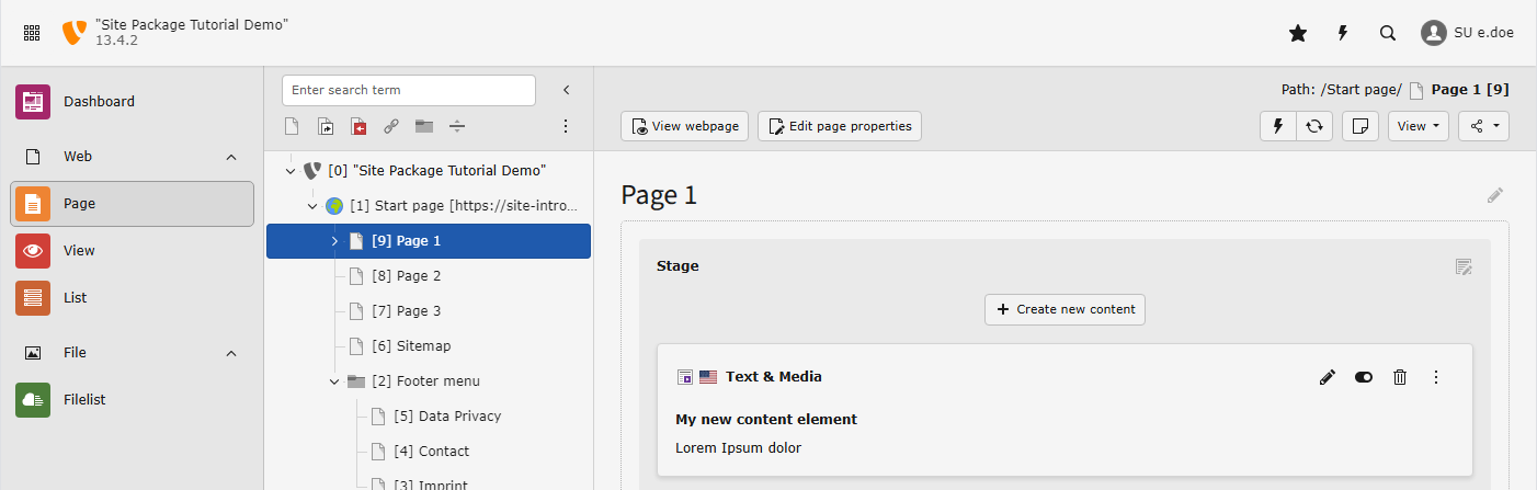 Screenshot demonstrating the page module and the page tree in the TYPO3 backend