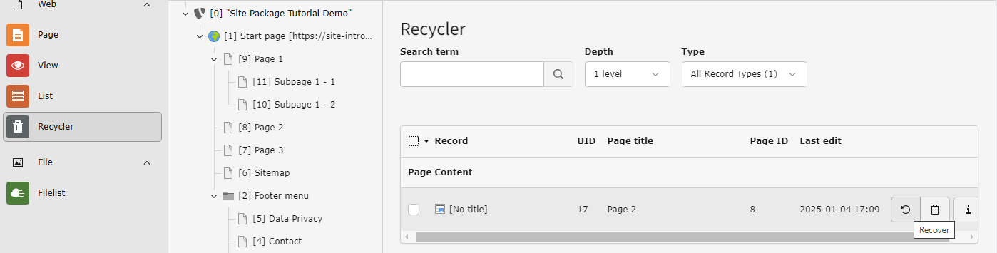 Screenshot of the Recycler module in the TYPO3 backend, demonstrating how to restore a deleted content element