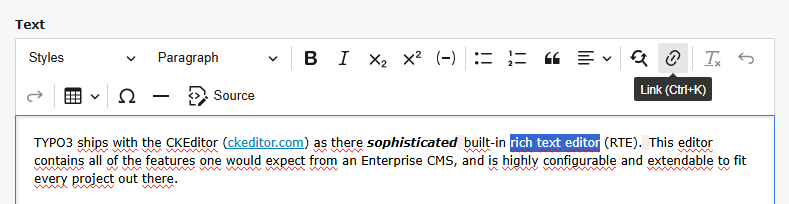 Linking the highlighted text in the TYPO3 rich text editor