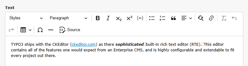 Screenshot of a typical rich text editor in the TYPO3 backend
