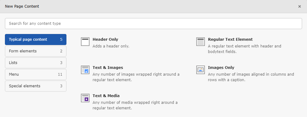Screenshot of the "New Page Content" wizard as seen by an advanced TYPO3 editor, additionally including "Form elements", "Menus" and additional "Special elements"
