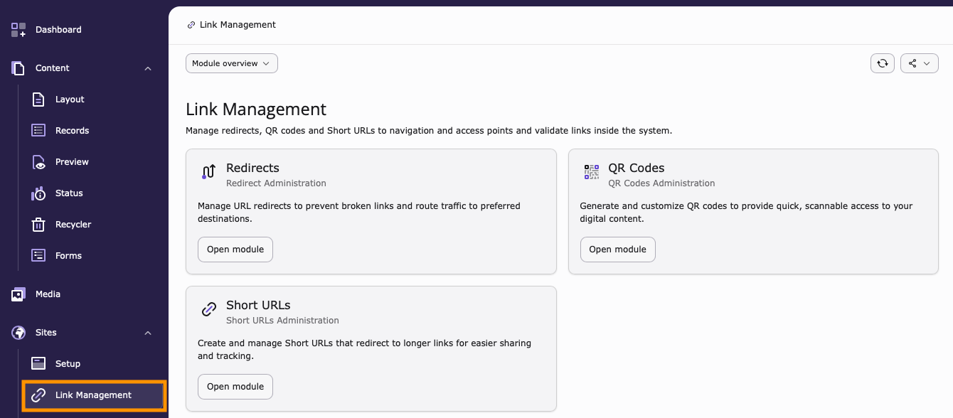 Screenshot of the Link Management overview page containing links to each of the sub modules. Redirects, Quick Response Codes and Short URLs.