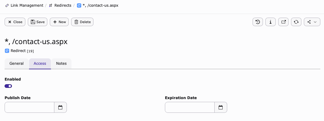Screenshot of the Access Tab found inside Add redirect.