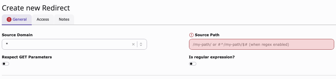 Screenshot of the Source Domain and Source Path fields found within "create new redirect"
