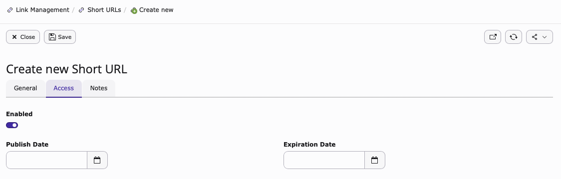 Screenshot of the Access Tab found inside Add Short URL.