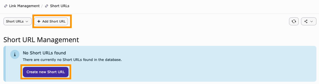 Screenshot of the Add Short URL button found within the Short URL submodule