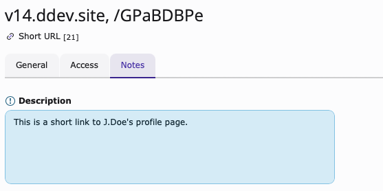 Screenshot of the Notes Tab found inside Add Short URL.