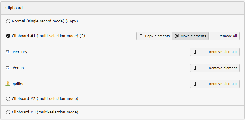TYPO3 backend clipboard with several items