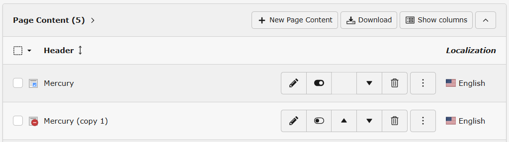 A copied content element with (copy 1) appended to its header
