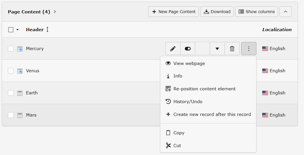 The context menu contains options copy and cut amongst others