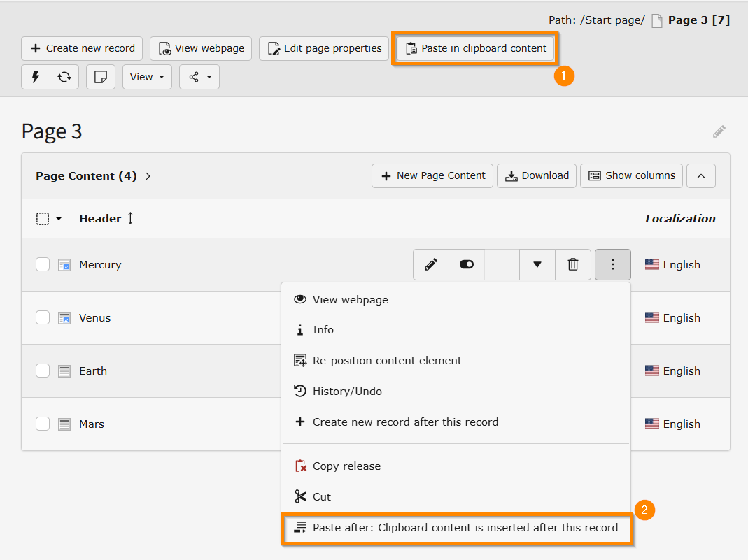 Location of the paste buttons in the TYPO3 List module: At the top of the module and in the context menu.