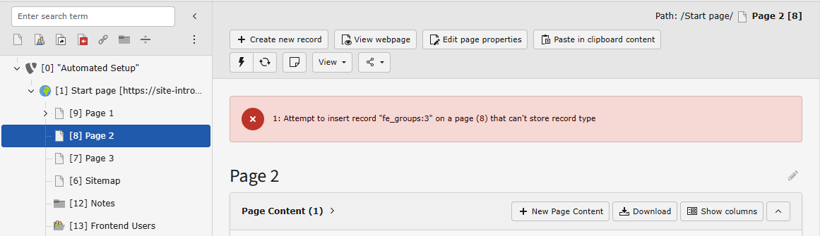 TYPO3 Backend Error: Attempt to insert record "fe_groups:3" on a page (8) that can't store record type