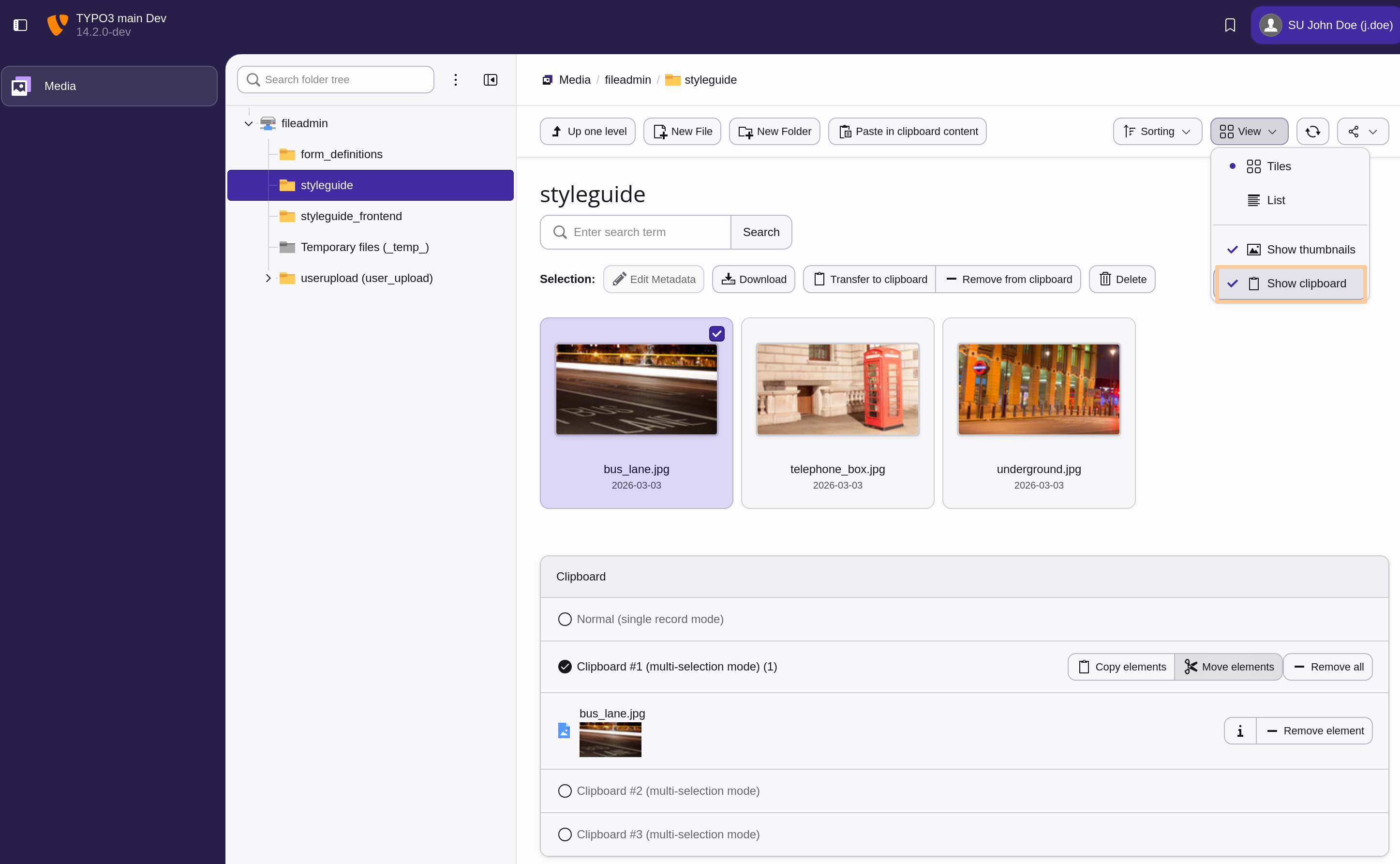 The standard TYPO3 Clipboard, activated Clipboard #1 with one of the images selected.