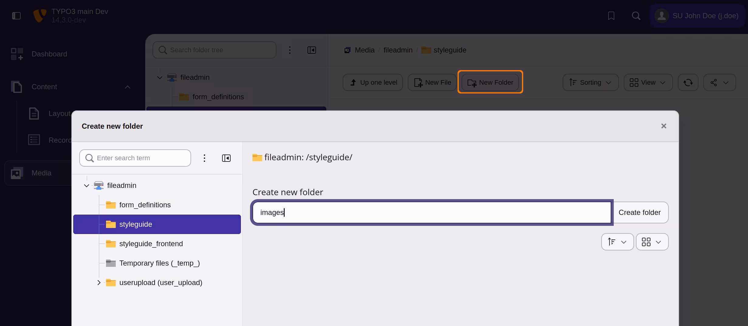 A section of TYPO3 Media Module open and overlayed with the module dialog for creating new folders. The overlay displays the folder tree, one of the folders there is selected as the parent for the new folder. Right frame displays the input form field for the name of the new folder.