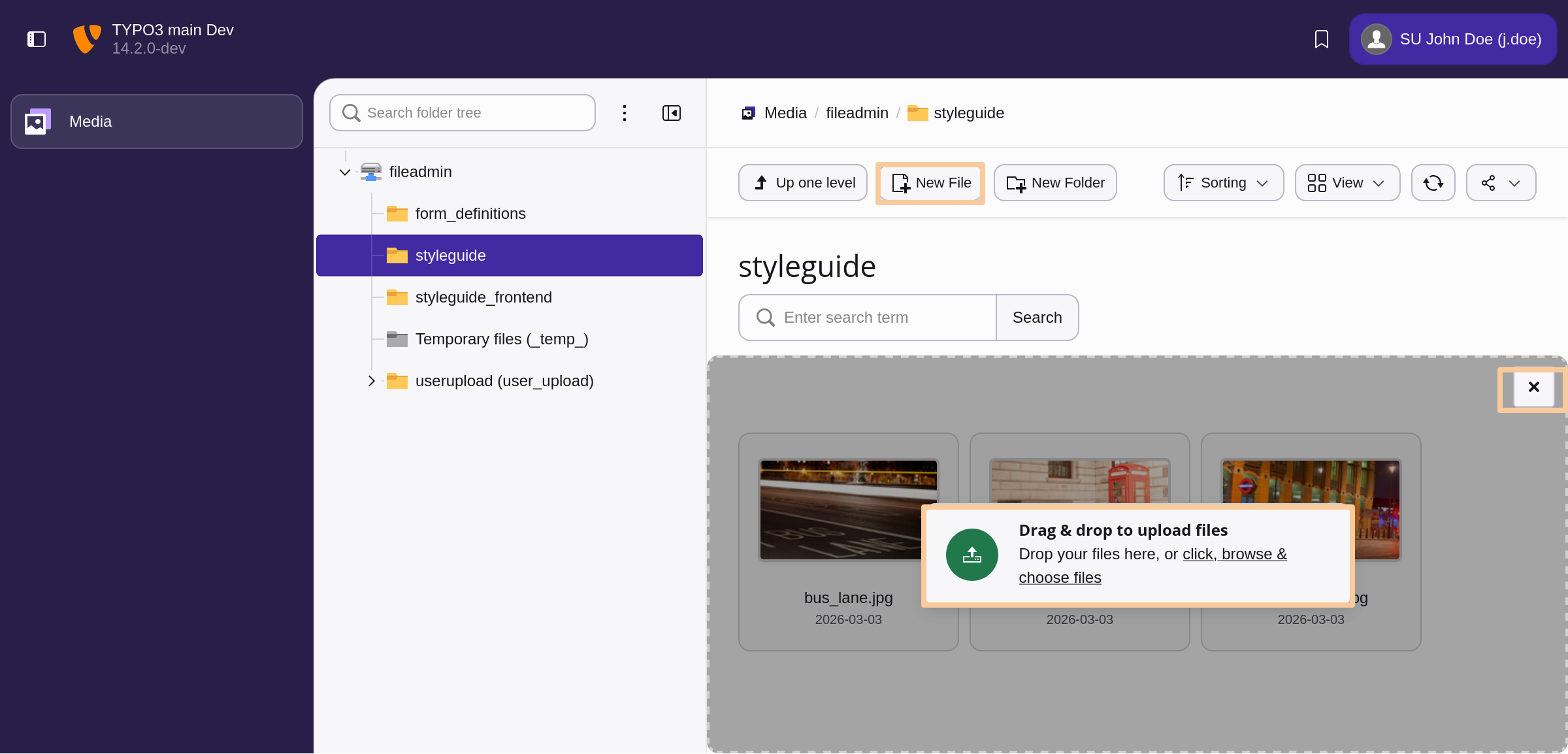 A section of TYPO3 Media Module open with a folder selected and upload initiated. The upload overlay offers an option to open a file dialog for selecting files from the local computer. Highlighted is the button to open the upload view and the close button to cancel the upload action.