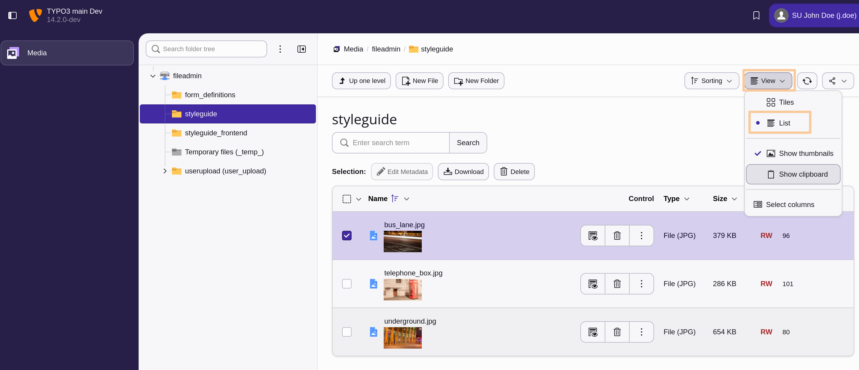 View to the Media Module listing three image files as list, the view selector is open showing the activated list view option as well as the deselected clipboard option. Accordingly, the image does not contain a clipboard.