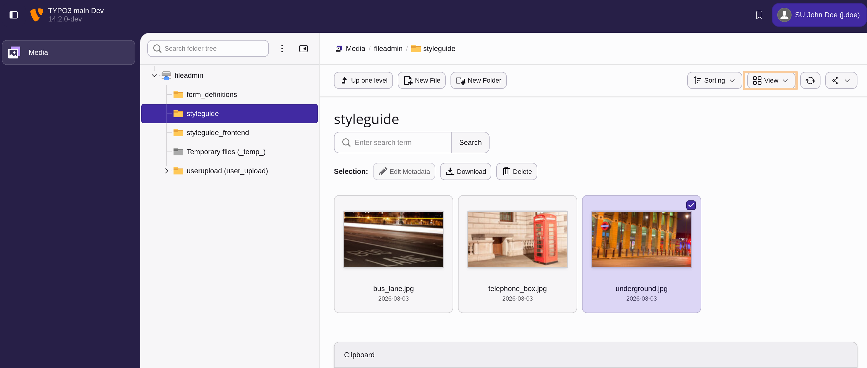 View to the Media Module listing three image files as tiles