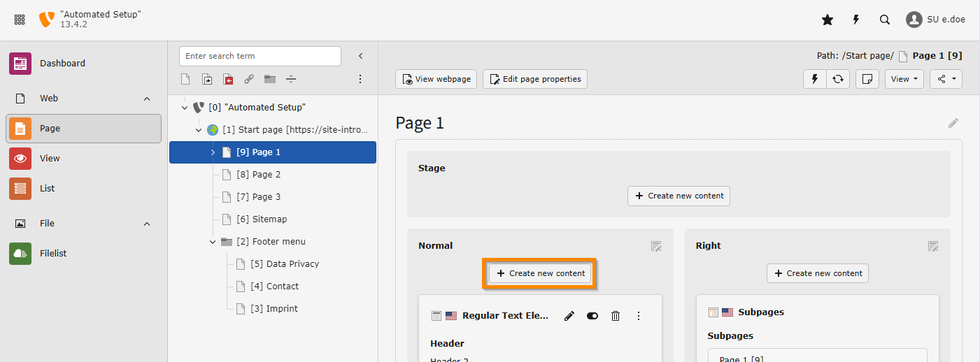 "Create new content button" in the Page module, column "Normal"