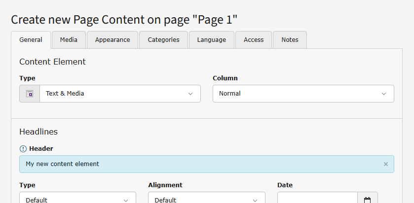 Create new Page Content on page "Page 1" form screenshot