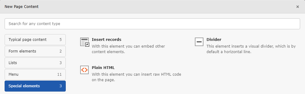 The 'Special elements' tab of the new content element window