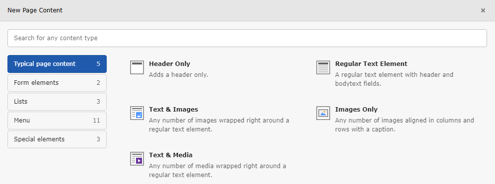 'Typical page content' tab contains content like Header, Regular Text Element, Text & Media, Images etc