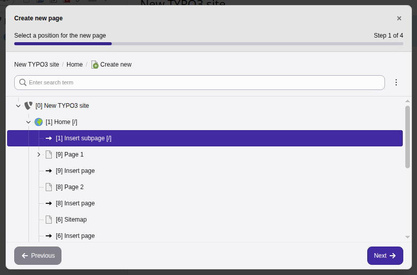 The insert subpage button on the page creator form