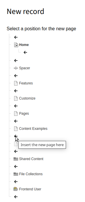 Selecting a position for the new page using the wizard