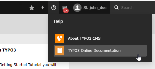 Онлайн-документация TYPO3 в меню Справка