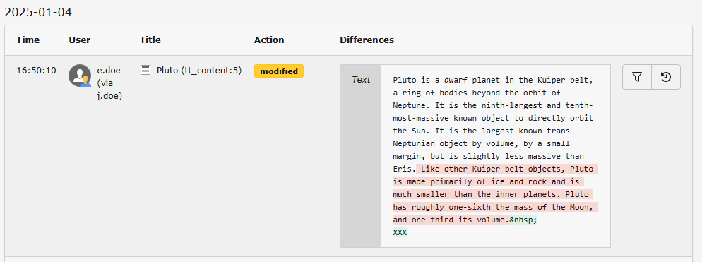 Screenshot of the page history in the TYPO3 backend